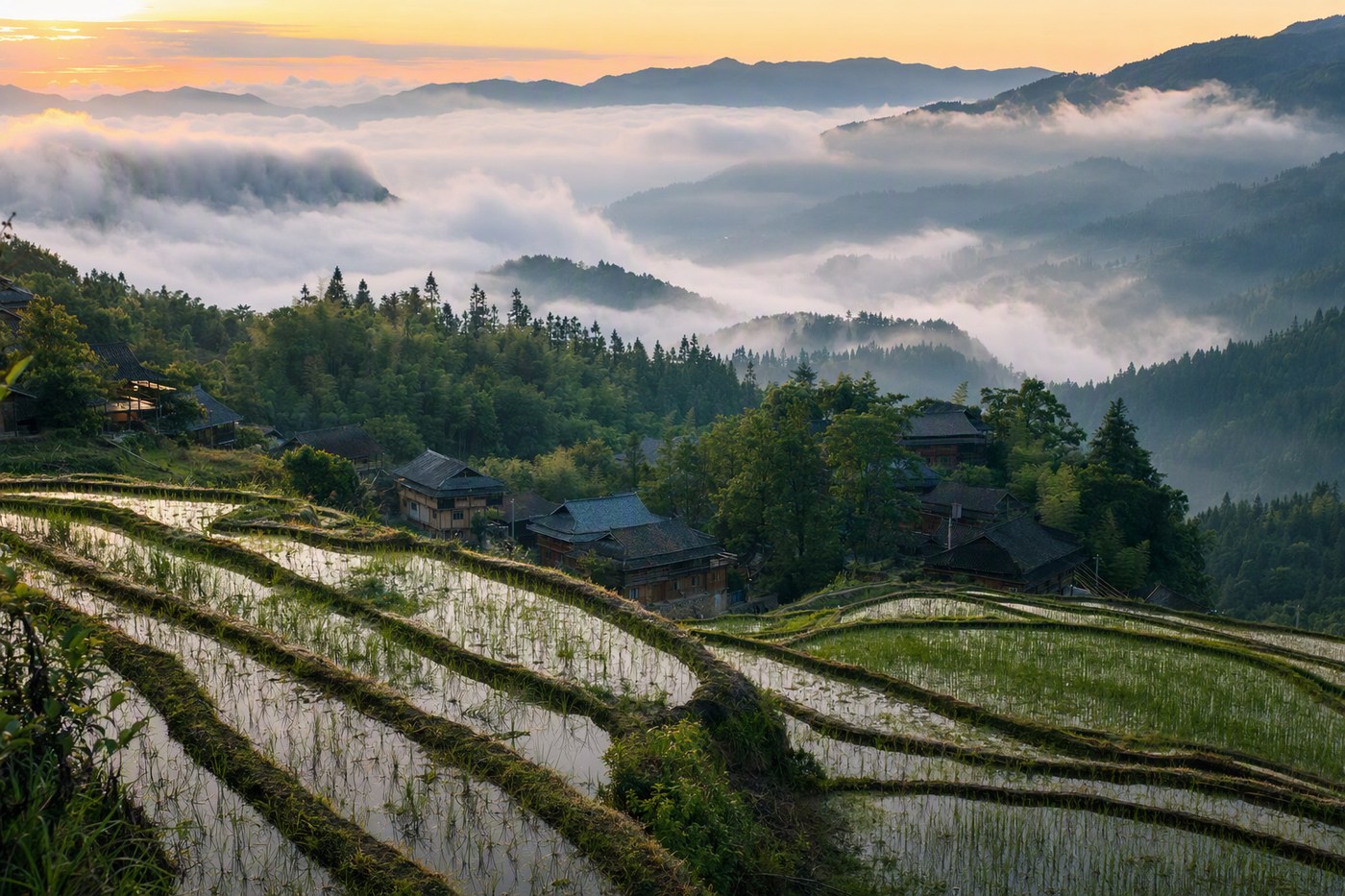 什寒村云雾稻田晨景